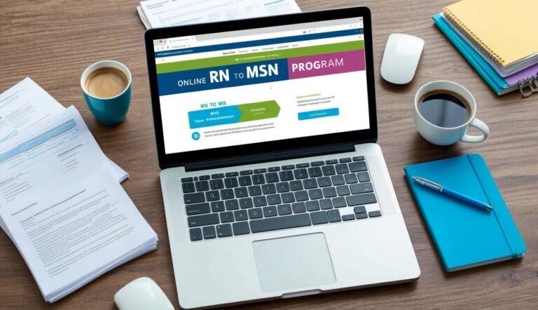 Laptop displaying "Online RN to MSN Program" on a wooden desk with coffee