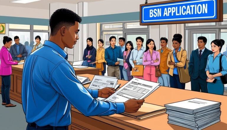 Man reviewing BSN application form at a counter with people waiting in line