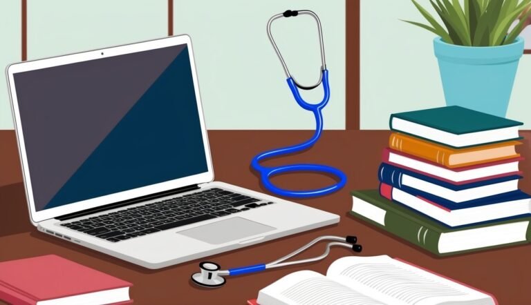 Laptop, stethoscope, books, and plant on a desk, medical study concept