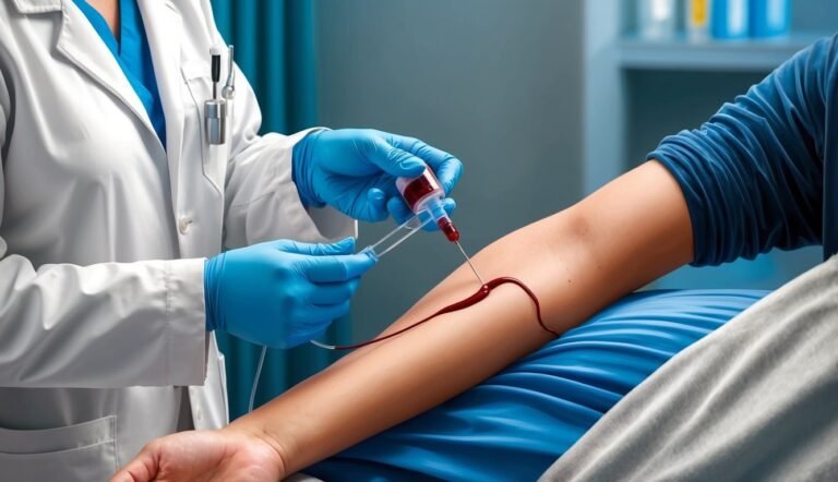 Doctor drawing blood from a patient's arm with a syringe