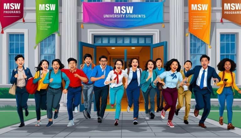 Group of diverse university students running out of a building