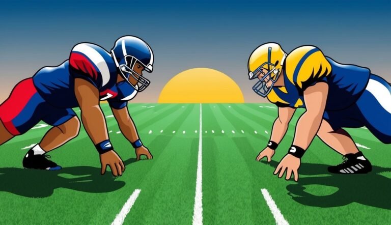Two football players in stance on a green field, sun in the background