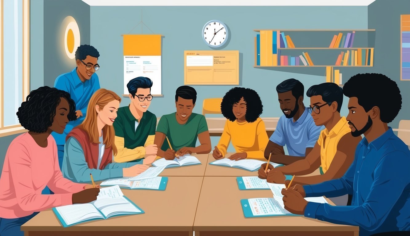 Diverse group of students working together at a table in a classroom setting