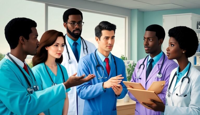 Group of diverse doctors in scrubs and lab coats discussing something