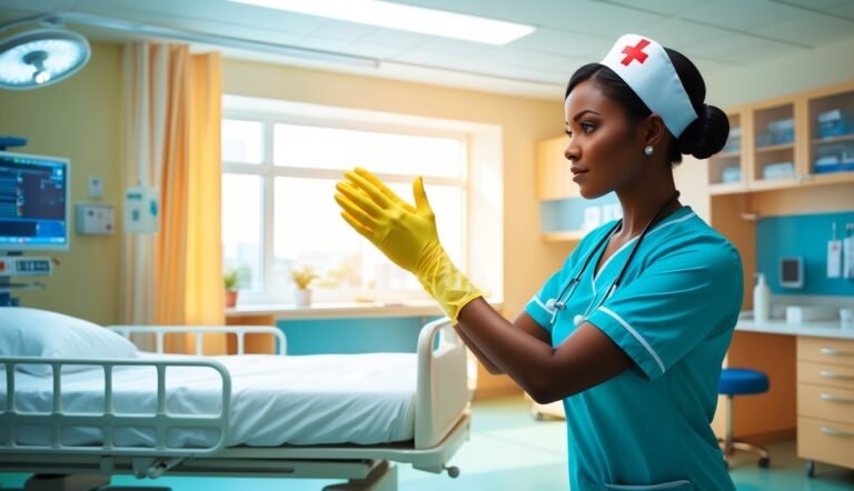 Nurse in scrubs and cap putting on yellow gloves in hospital room