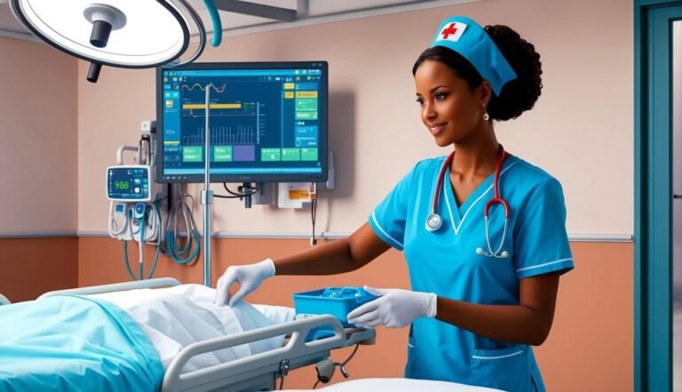 Nurse in scrubs tending to patient in hospital room with monitors