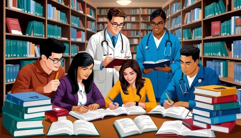Medical students studying together in a library, surrounded by bookshelves and books