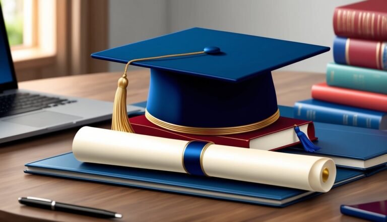 Graduation cap, diploma, and books on a desk, symbolizing education and achievement