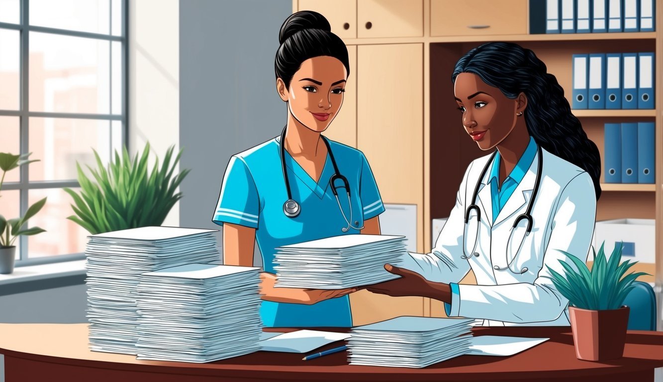 Two female medical professionals reviewing paperwork at a desk