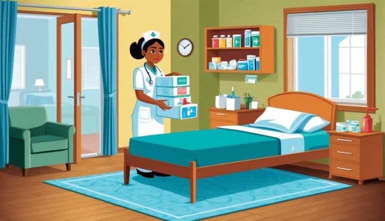 Nurse in a hospital room carrying boxes of medical supplies