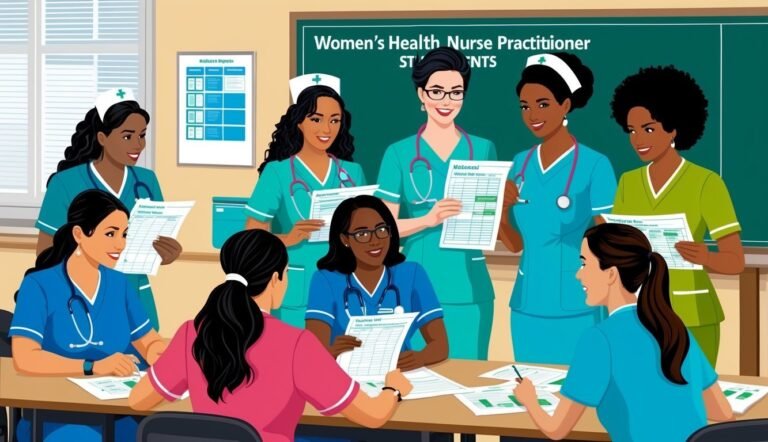 Group of women in scrubs studying medical charts in a classroom