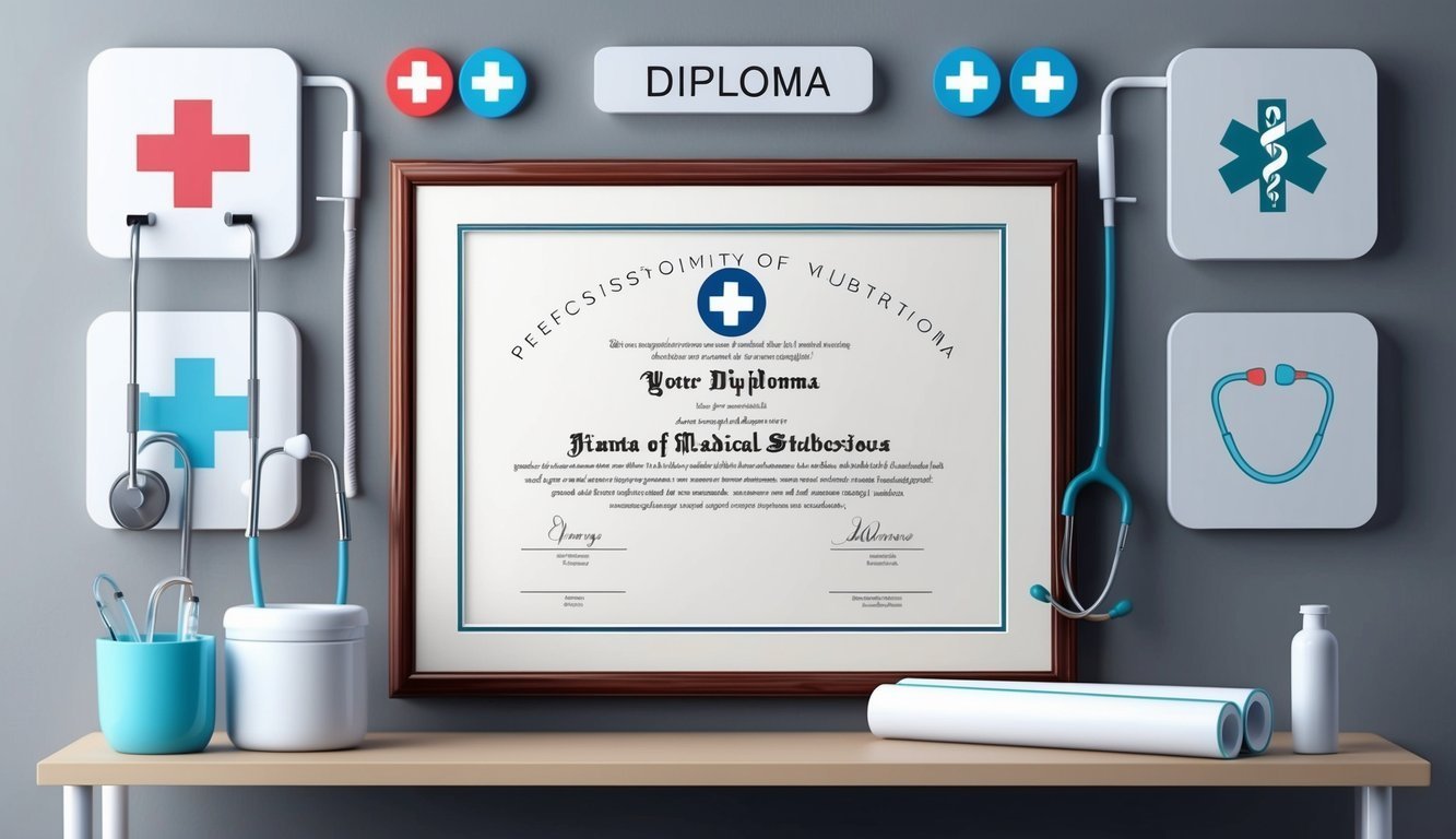 Medical diploma with stethoscope and medical symbols on a gray background