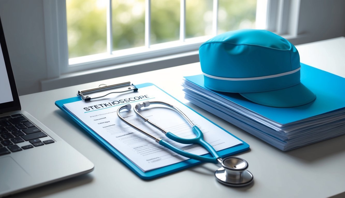 Stethoscope, clipboard, medical cap, and laptop on a desk near a window