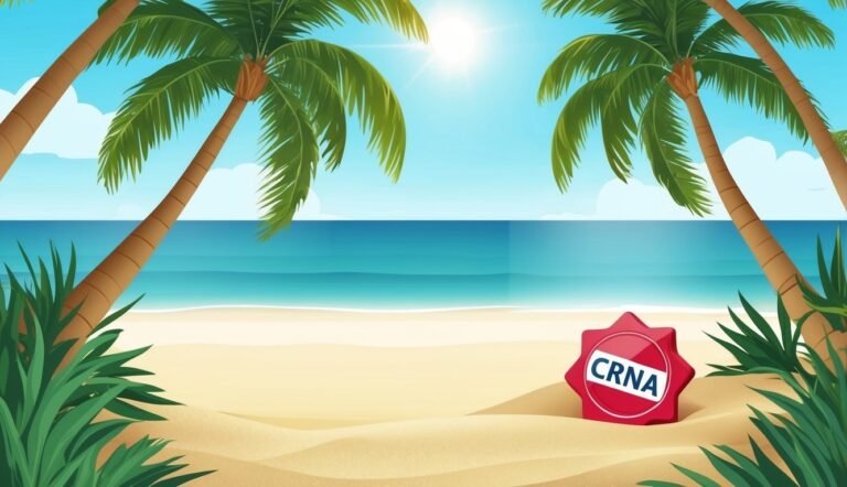 Beach scene with palm trees, ocean, and a CRNA logo