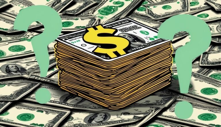 Stack of money with dollar sign and question marks