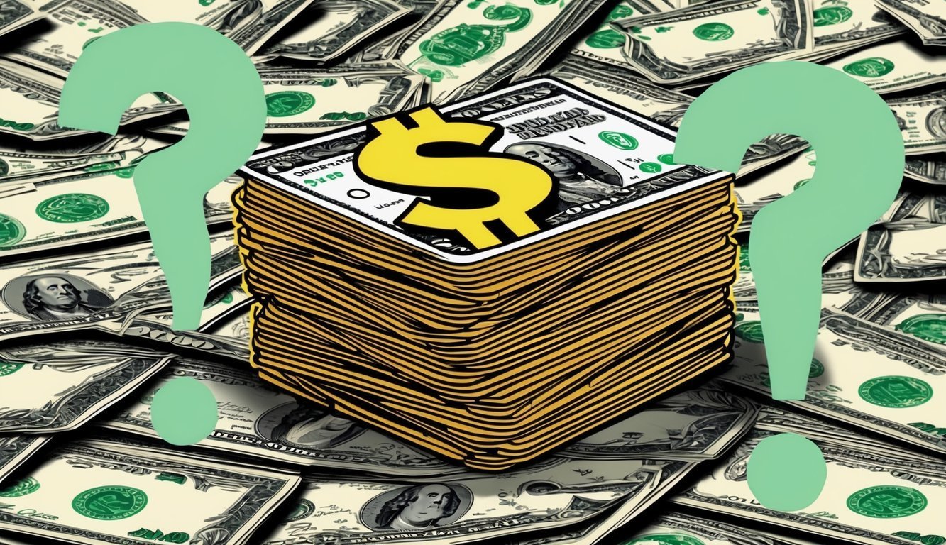 Stack of money with dollar sign and question marks