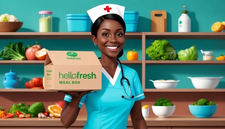 Smiling nurse holding a HelloFresh meal box in a kitchen setting