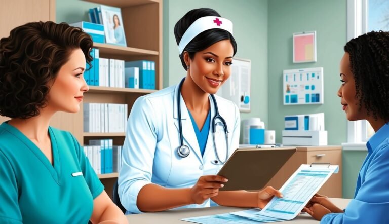 Three women in a doctor's office, one wearing a nurse's uniform