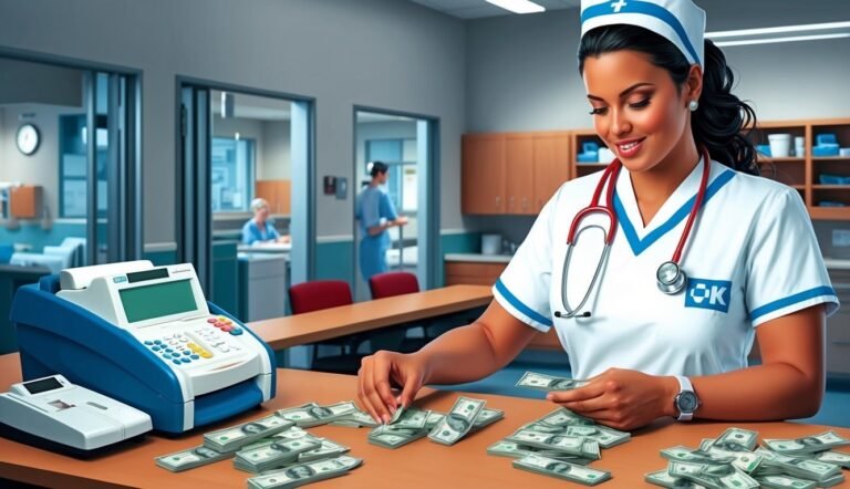 Nurse counting money at a desk with a payment terminal in a hospital