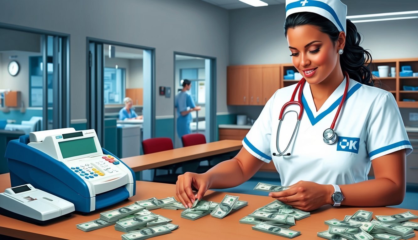 Nurse counting money at a desk with a payment terminal in a hospital
