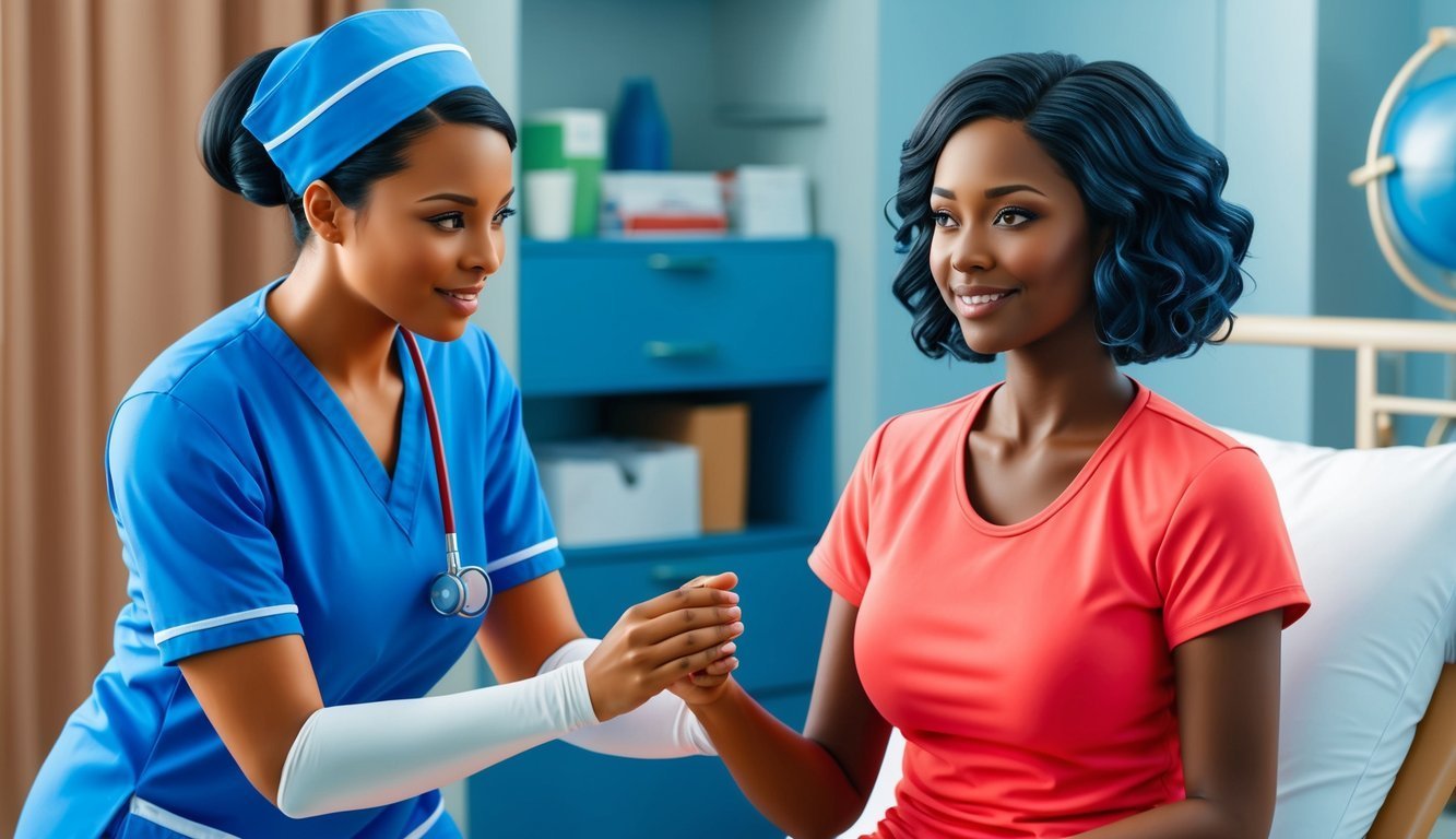 Nurse holding patient's hand, smiling, in a medical setting