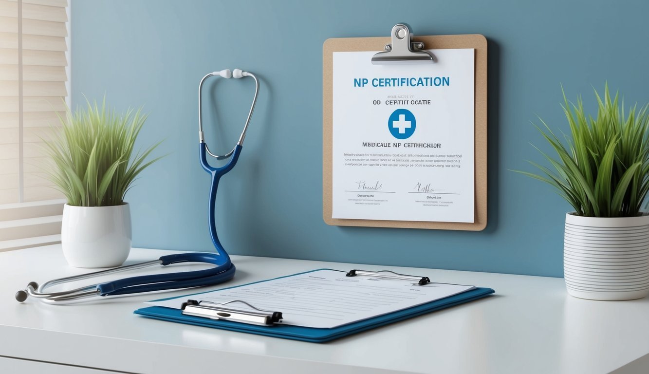Stethoscope, NP certification, and clipboard on a desk with plants