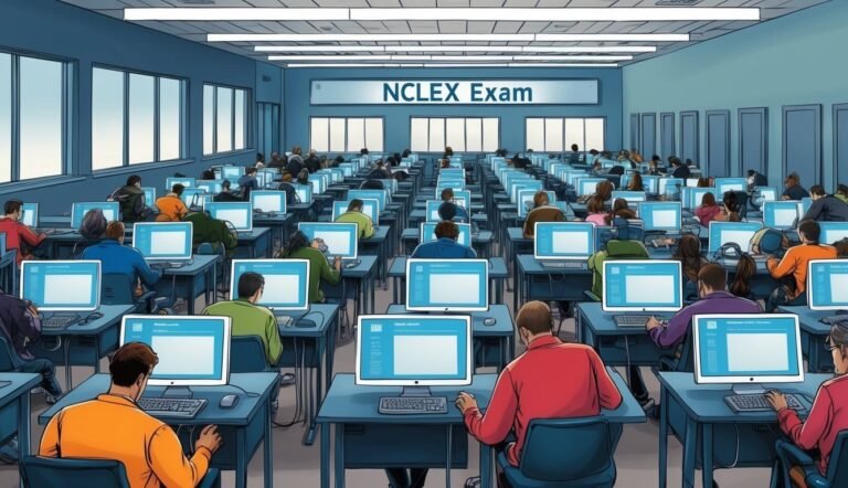People taking the NCLEX exam on computers in a large classroom