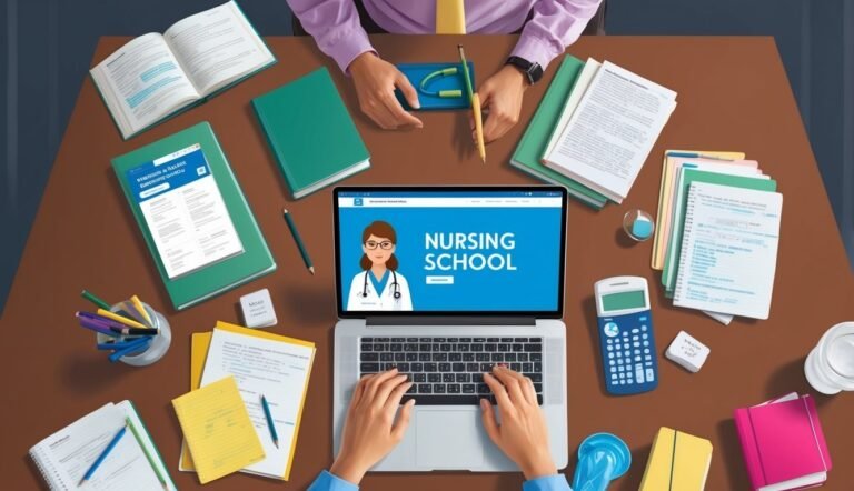 Person studying for nursing school with laptop, books, and calculator on desk