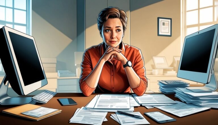 Woman at desk with documents, computers, and a thoughtful expression