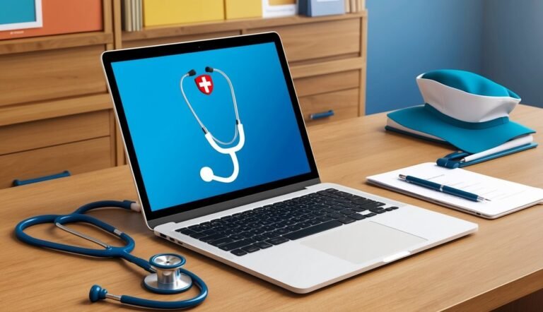 Laptop with stethoscope icon, stethoscope, nurse hat, and medical forms
