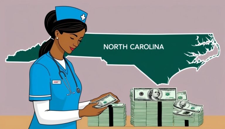 Nurse counting stacks of money in front of North Carolina outline
