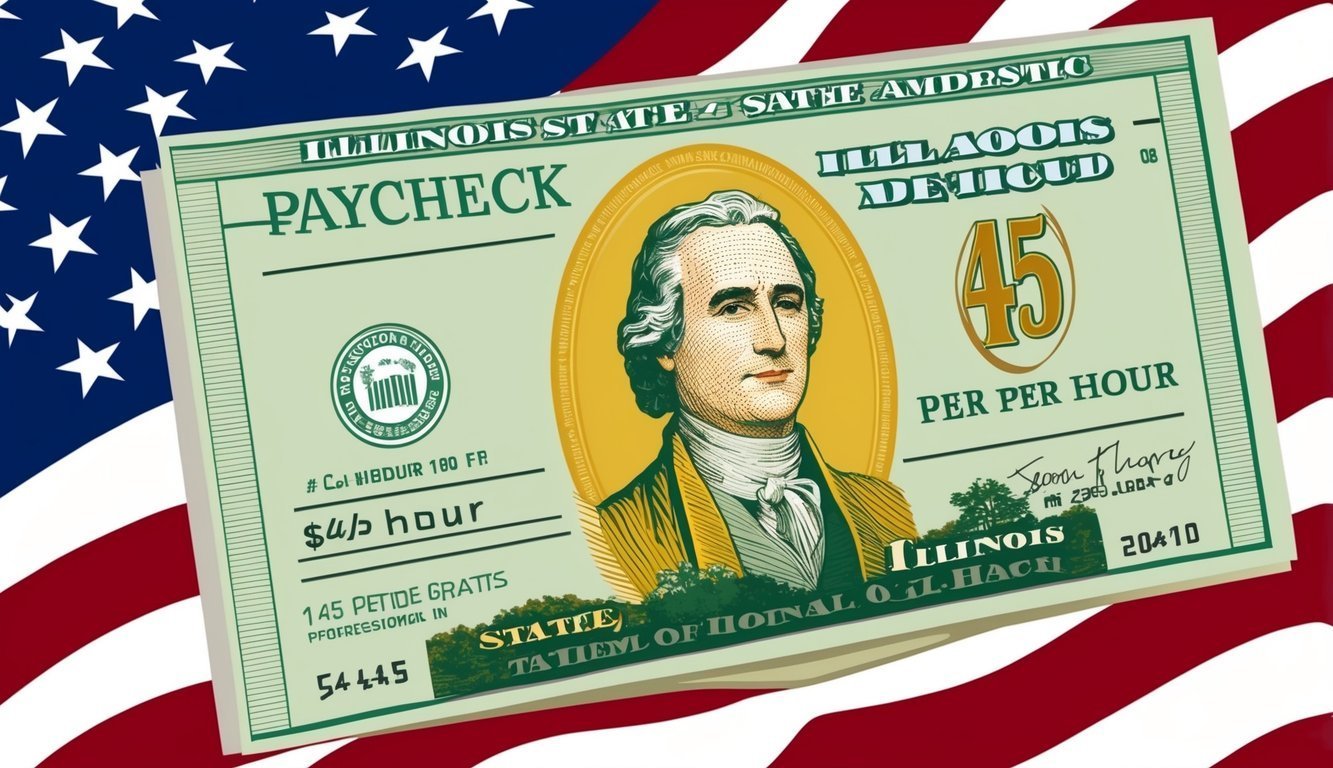 Illinois paycheck with a portrait, $45 per hour, over an American flag background