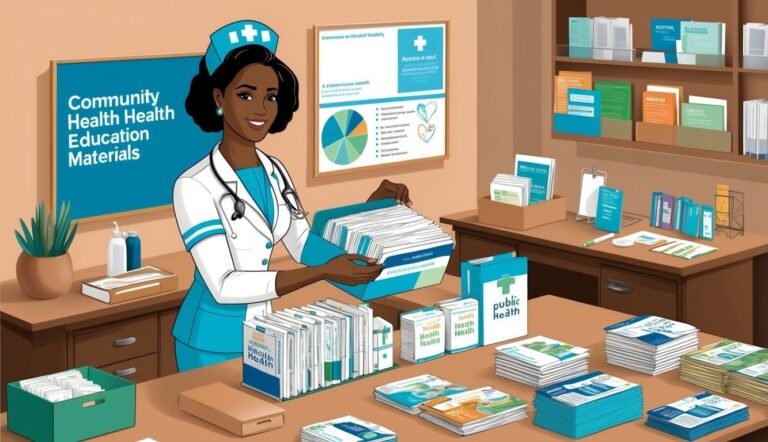Nurse with health education materials, charts, and pamphlets on a desk