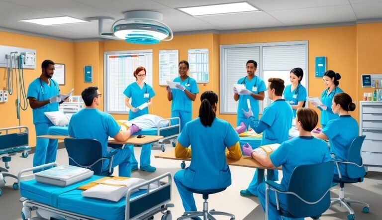 Medical staff in scrubs around a patient in an operating room