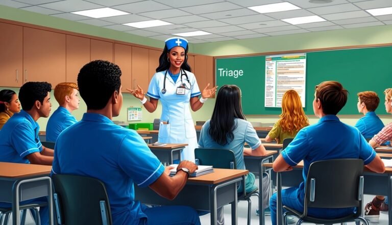 Nurse teaching students about triage in a classroom setting