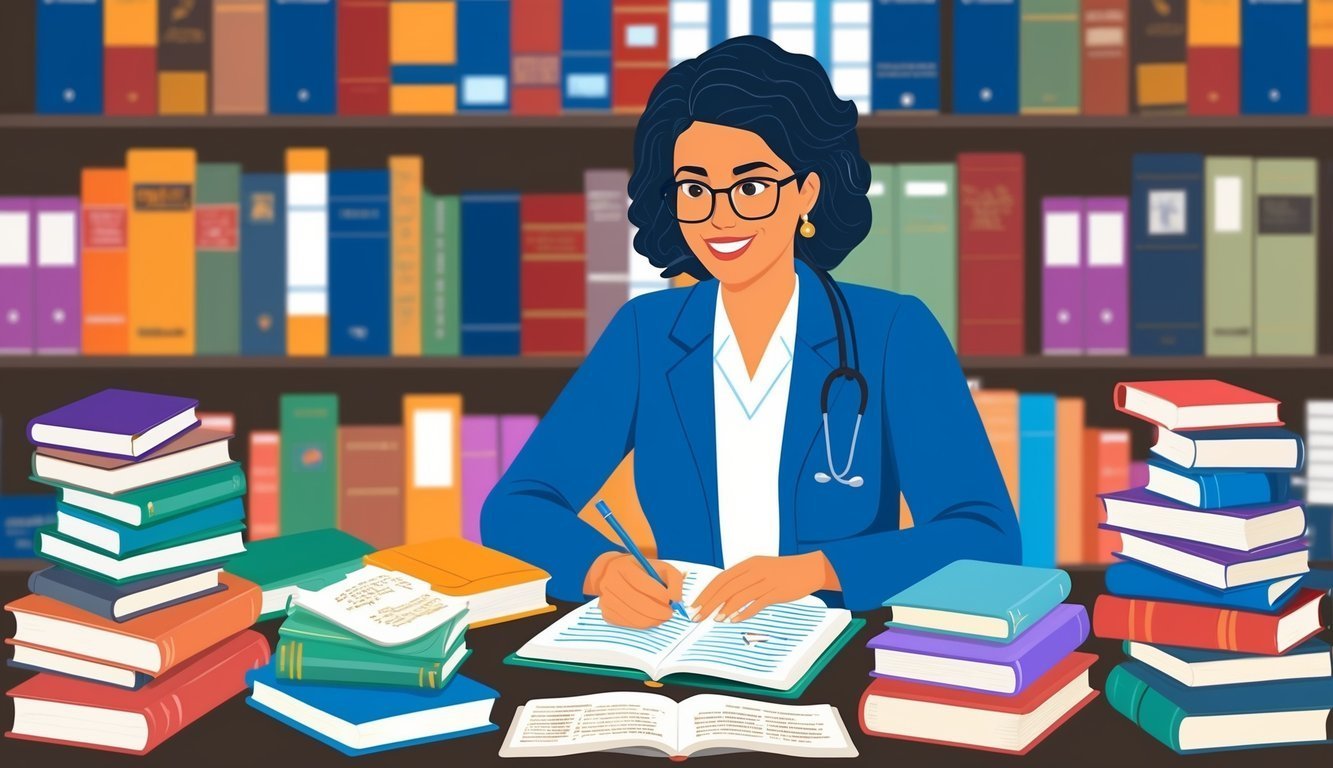 Smiling doctor writing in a notebook, surrounded by stacks of books