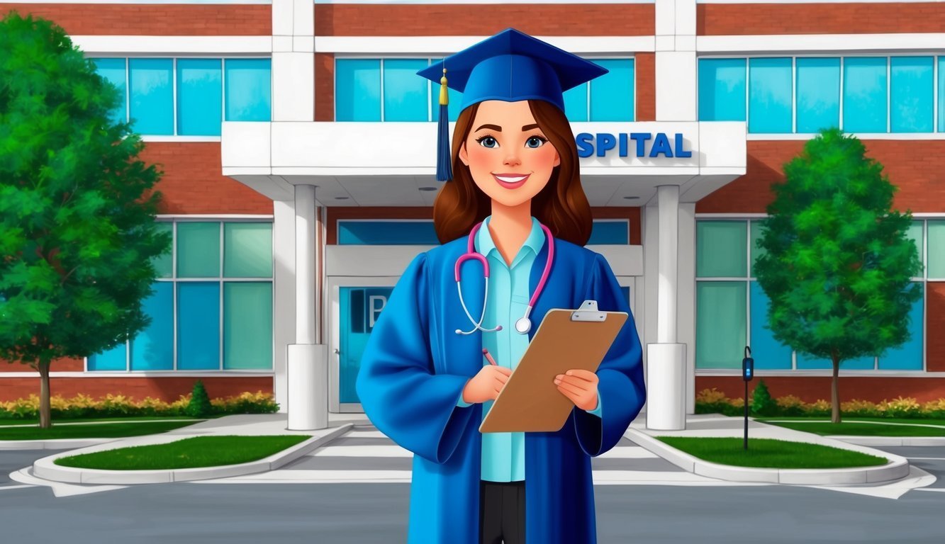 Smiling female graduate in front of a hospital, holding clipboard