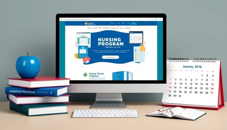 Computer screen with nursing program website, books, apple, and calendar