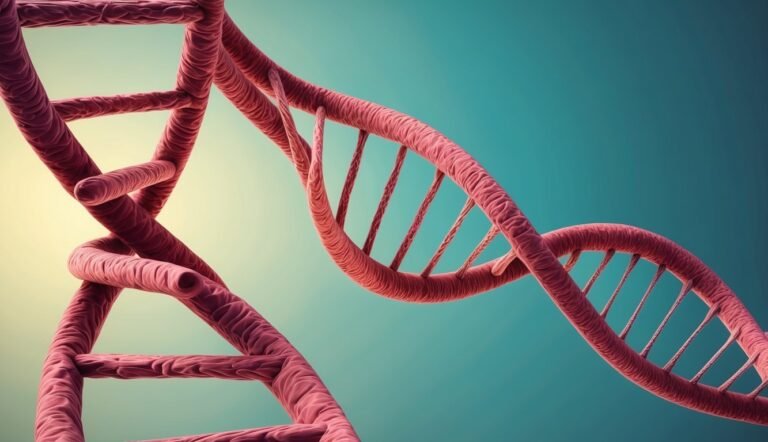 Red DNA double helix against a teal and yellow gradient background