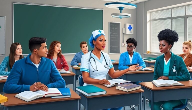 Nurse teaching a diverse group of students in a classroom setting