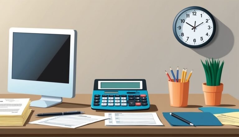 Desk with computer, calculator, clock, pencils, and documents