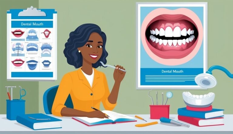A smiling dentist holding a tool, with dental charts and tools on a desk
