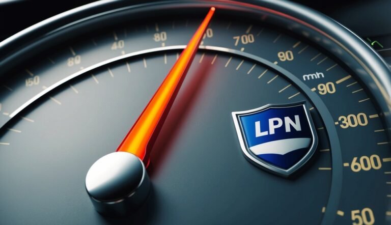 Speedometer with LPN badge, needle pointing high, possibly a metaphor