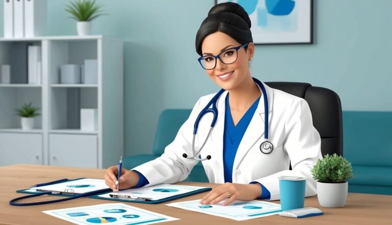 Smiling female doctor with stethoscope, writing on charts at desk