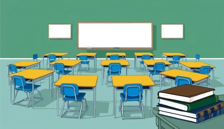 Empty classroom with desks, chairs, whiteboards, and a stack of books