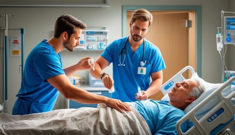 Two nurses attending to an elderly patient in a hospital bed