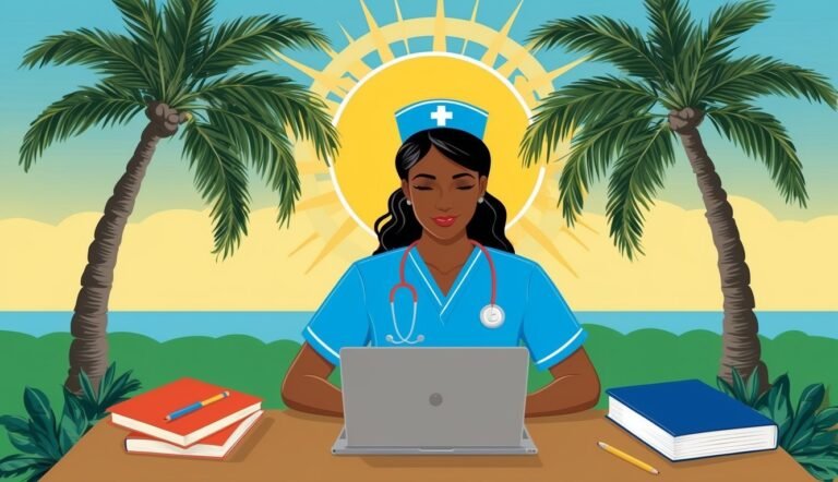Nurse working on laptop at a tropical desk with palm trees and sun