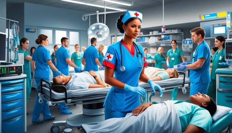 Hospital scene with medical staff attending to patients on gurneys