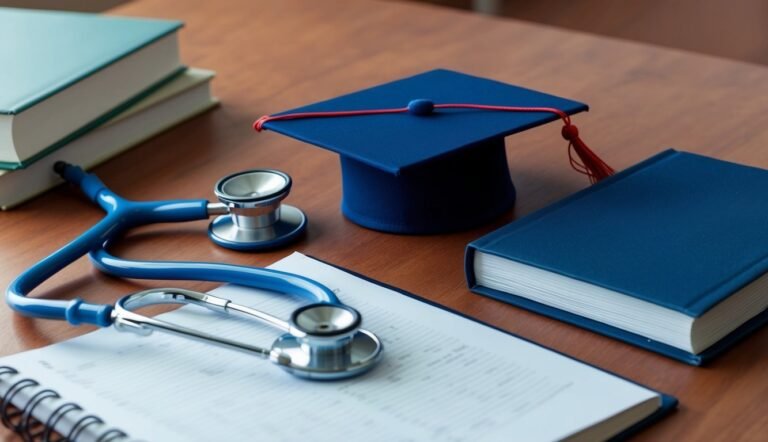 Blue graduation cap, stethoscope, books, and paperwork on a wooden desk