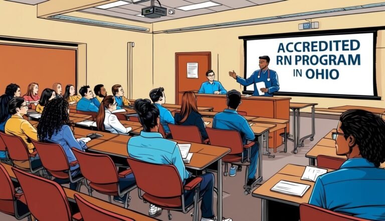 Classroom scene with a presenter and students, "Accredited RN Program in Ohio."
